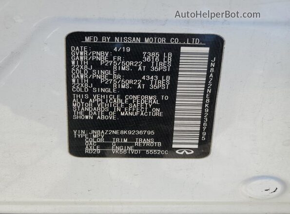 JN8AZ2NE8K9236795 2019 INFINITI QX80 White VIN კოდის სტიკერის ხედი