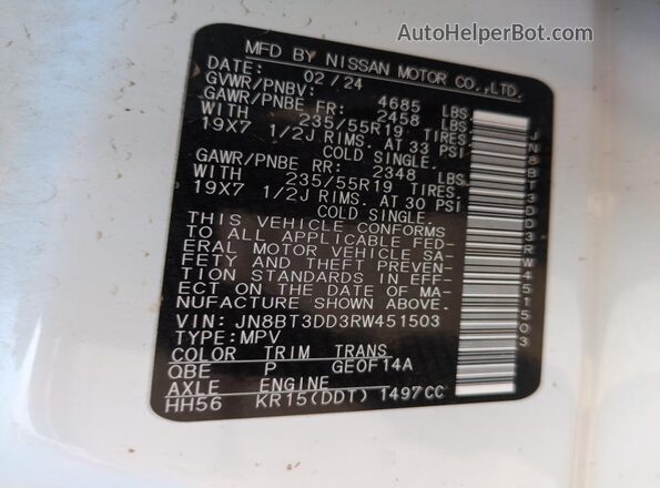 JN8BT3DD3RW451503 2024 NISSAN ROGUE White Вид наклейки з VIN-кодом