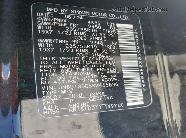 JN8BT3DD5RW455696 2024 NISSAN ROGUE Черный Вид наклейки с VIN-кодом