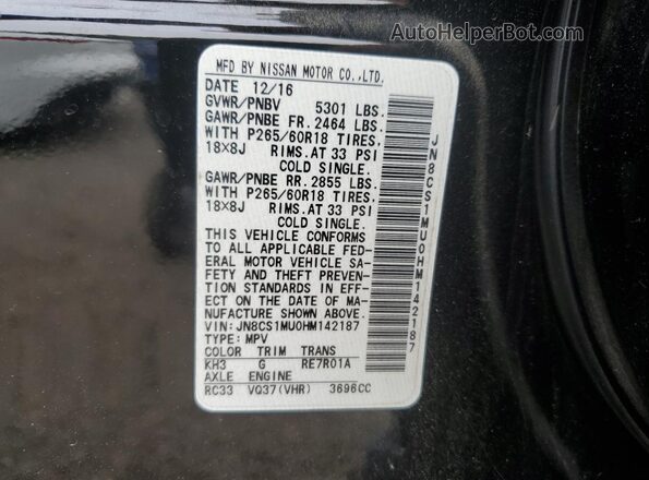 JN8CS1MU0HM142187 2017 INFINITI QX70 Black Vista de la etiqueta del VIN