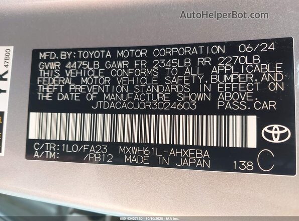 JTDACACU0R3024603 2024 TOYOTA PRIUS PRIME Серебряный Вид подкапотного пространства