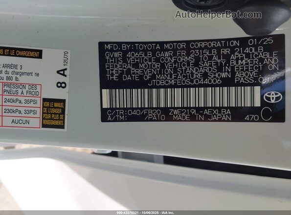 JTDBCMFE0SJ044006 2025 TOYOTA LL White Շարժիչի բաժամունքի տեսք