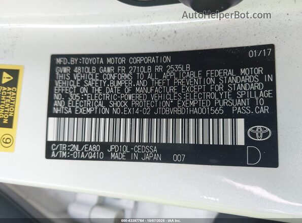 JTDBVRBD1HA001565 2017 TOYOTA MIRAI White Vista del compartimento del motor
