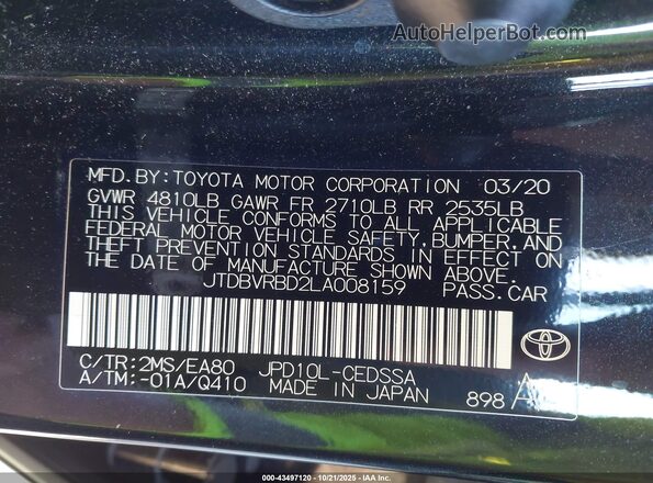 JTDBVRBD2LA008159 2020 TOYOTA MIRAI Black ძრავის განყოფილების ხედი