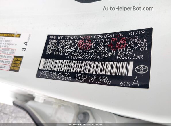 JTDBVRBD8KA005779 2019 TOYOTA MIRAI White Շարժիչի բաժամունքի տեսք