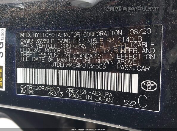 JTDEPMAE4MJ136506 2021 TOYOTA LL Black Widok komory silnika