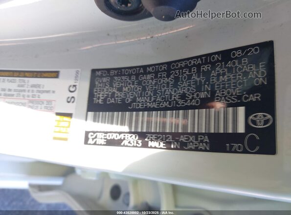 JTDEPMAE6MJ135440 2021 TOYOTA LL White Widok komory silnika