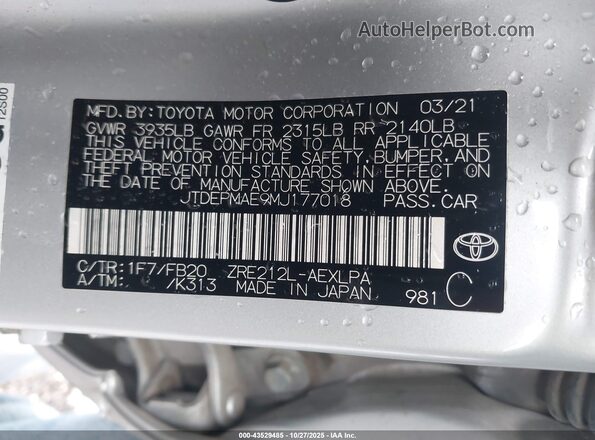 JTDEPMAE9MJ177018 2021 TOYOTA LL Silver Շարժիչի բաժամունքի տեսք