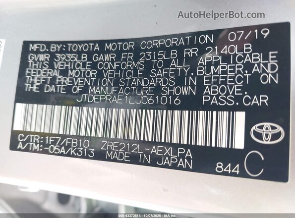 JTDEPRAE1LJ061016 2020 TOYOTA LL Silver Вид підкапотного простору