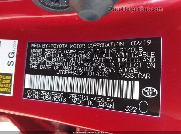 JTDEPRAE2LJ017042 2020 TOYOTA LL Red Widok komory silnika