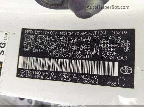 JTDEPRAE2LJ026811 2020 TOYOTA LL White Вид підкапотного простору