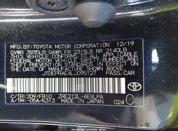 JTDEPRAE4LJ095127 2020 TOYOTA LL Black Engine compartment view