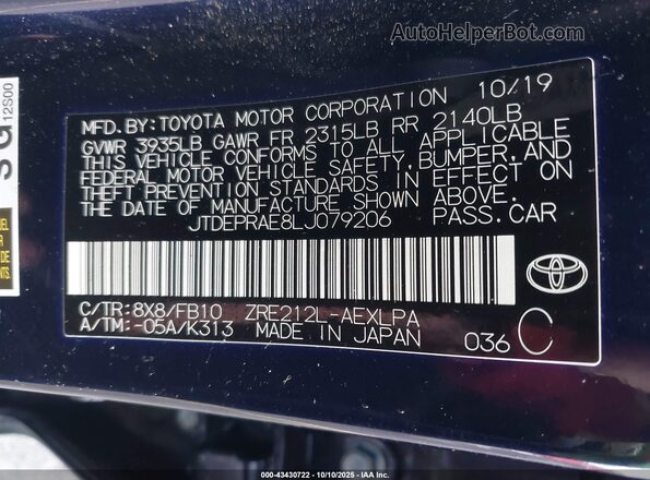 JTDEPRAE8LJ079206 2020 TOYOTA LL Dark Blue Vista del compartimento del motor
