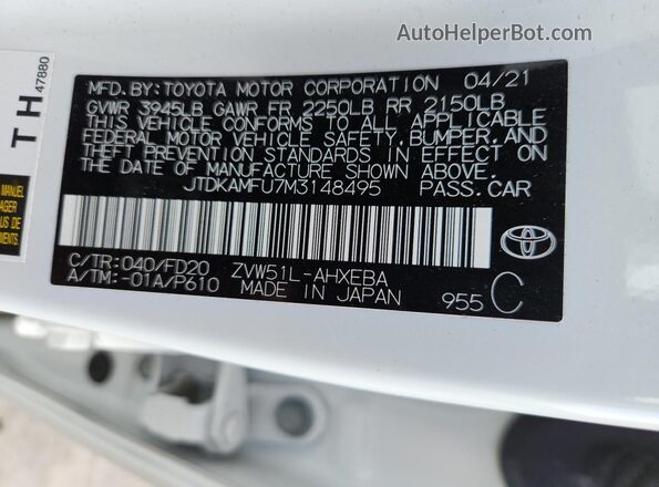 JTDKAMFU7M3148495 2021 TOYOTA PRIUS White ძრავის განყოფილების ხედი