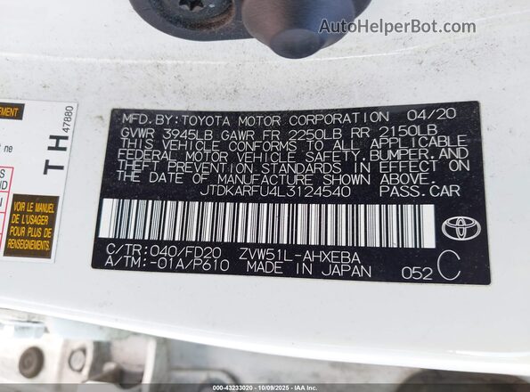 JTDKARFU4L3124540 2020 TOYOTA LE White Vista del compartimento del motor