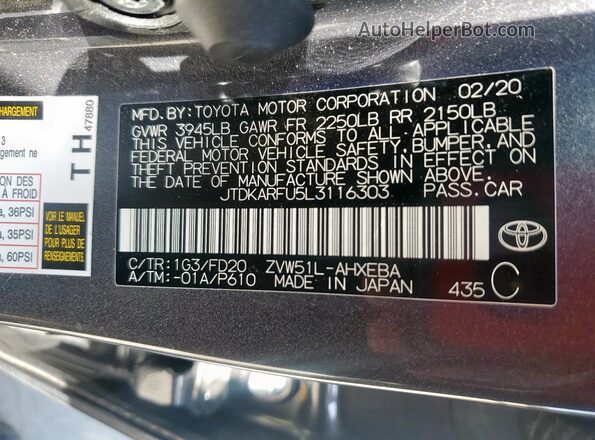 JTDKARFU5L3116303 2020 TOYOTA PRIUS Gray VIN კოდის სტიკერის ხედი