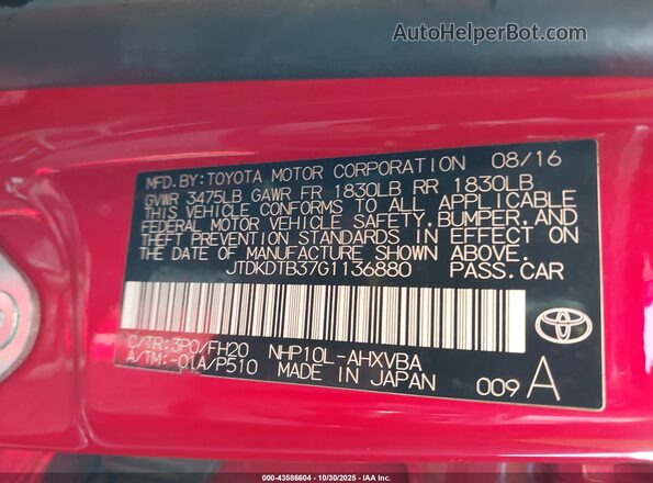 JTDKDTB37G1136880 2016 TOYOTA PRIUS C Red Вид підкапотного простору