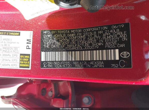 JTDS4RCE0LJ032079 2020 TOYOTA LL Red Շարժիչի բաժամունքի տեսք