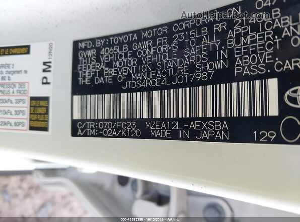 JTDS4RCE4LJ017987 2020 TOYOTA LL Белый Вид подкапотного пространства