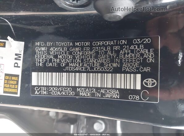 JTDS4RCE7LJ050322 2020 TOYOTA LL Black Widok komory silnika