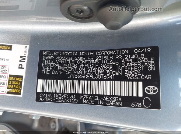 JTDS4RCE8LJ016941 2020 TOYOTA LL Blue Widok komory silnika