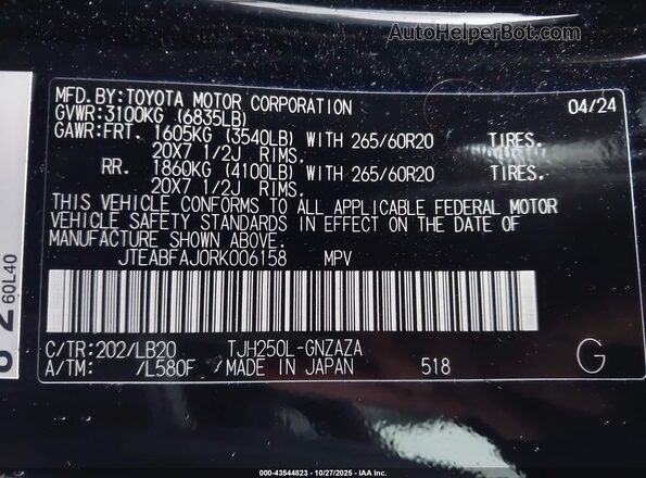 JTEABFAJ0RK006158 2024 TOYOTA LAND CRUISER Black Engine compartment view