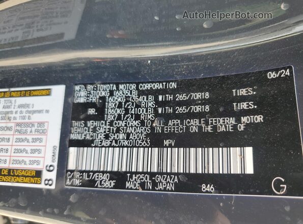 JTEABFAJ7RK010563 2024 TOYOTA LAND Gray Vista de la etiqueta del VIN
