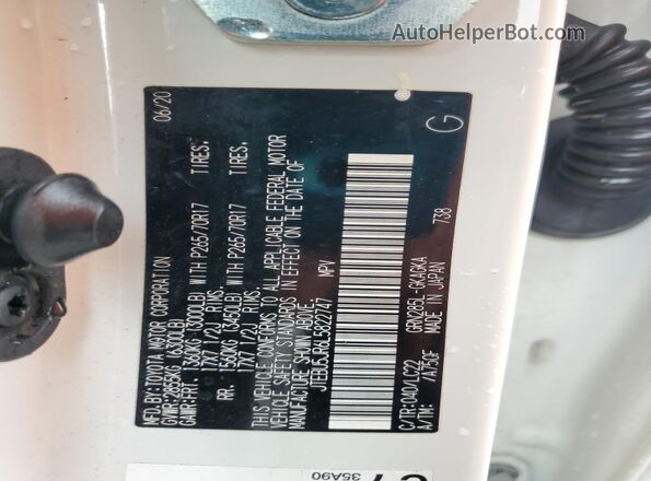 JTEBU5JR6L5822747 2020 TOYOTA 4RUNNER White VIN կոդի պիտակի տեսք