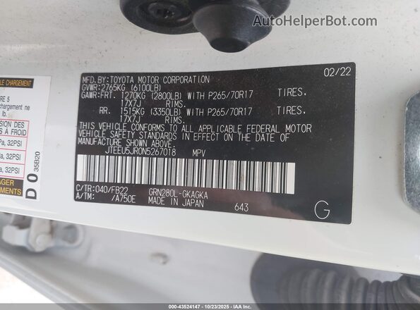 JTEEU5JR0N5267018 2022 TOYOTA 4RUNNER White Widok komory silnika