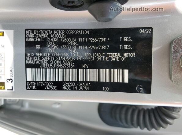 JTEEU5JR3N5273184 2022 TOYOTA 4RUNNER Silver Вид наклейки з VIN-кодом