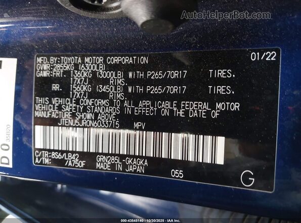 JTENU5JR0N6033715 2022 TOYOTA 4RUNNER Blue Engine compartment view