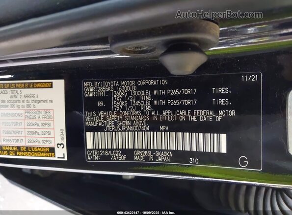 JTERU5JR5N6007404 2022 TOYOTA 4RUNNER Black Vista del compartimento del motor