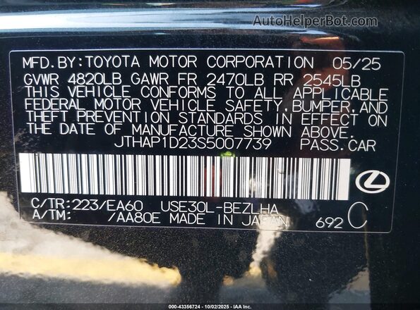 JTHAP1D23S5007739 2025 LEXUS IS 500 Black Widok komory silnika