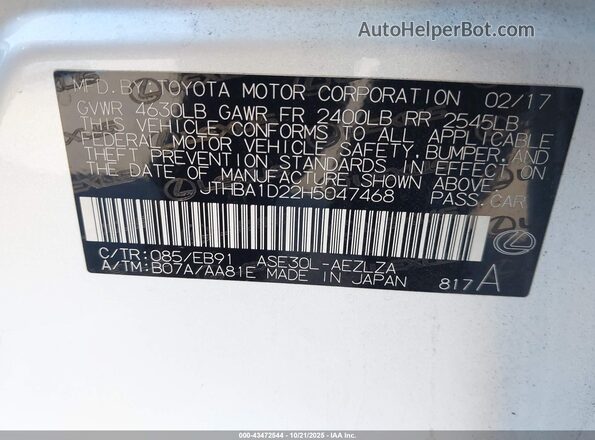 JTHBA1D22H5047468 2017 LEXUS IS 200T White Widok komory silnika