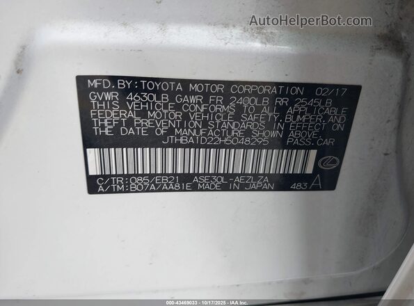 JTHBA1D22H5048295 2017 LEXUS IS 200T White Widok komory silnika