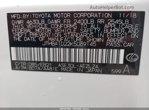 JTHBA1D22K5089145 2019 LEXUS IS 300 White ძრავის განყოფილების ხედი
