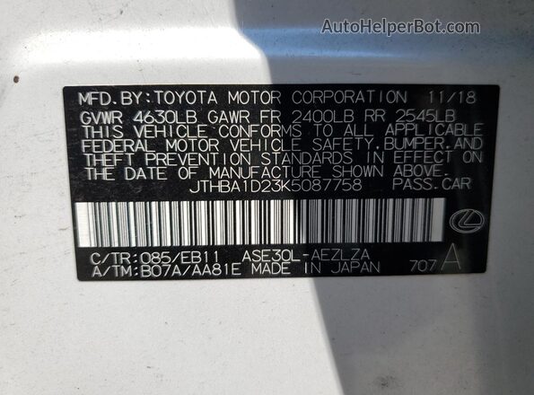 JTHBA1D23K5087758 2019 LEXUS IS White Вид підкапотного простору
