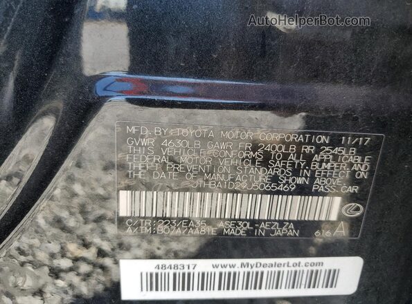 JTHBA1D29J5065469 2018 LEXUS IS Black Vista de la etiqueta del VIN