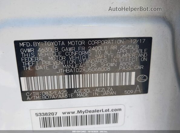 JTHBA1D2XJ5068008 2018 LEXUS IS 300 White Շարժիչի բաժամունքի տեսք