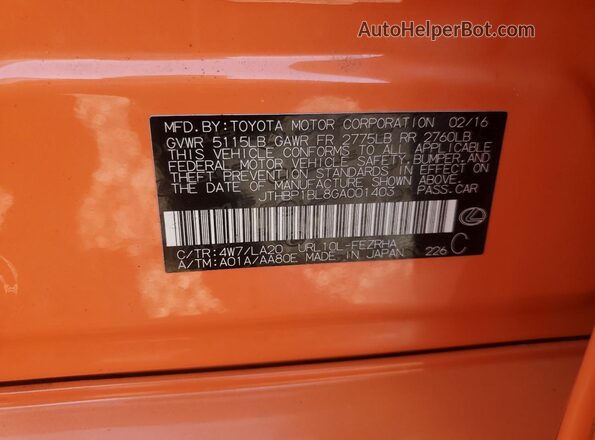 JTHBP1BL8GA001403 2016 LEXUS GS-F Orange Vista de la etiqueta del VIN