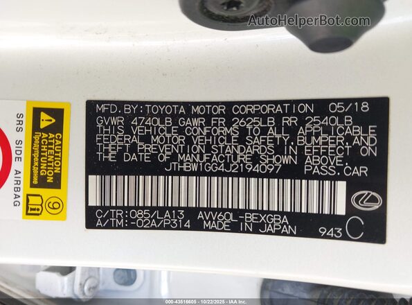 JTHBW1GG4J2194097 2018 LEXUS ES 300H White Вид підкапотного простору