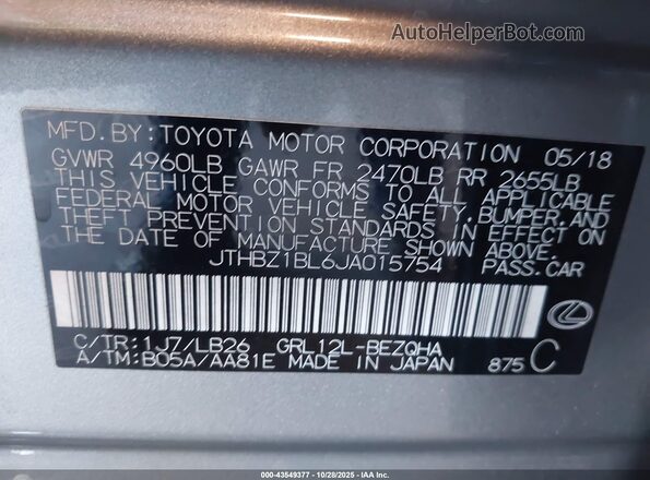 JTHBZ1BL6JA015754 2018 LEXUS GS 350 Silver ძრავის განყოფილების ხედი