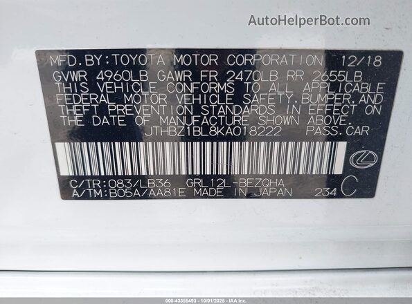 JTHBZ1BL8KA018222 2019 LEXUS GS 350 White Widok komory silnika