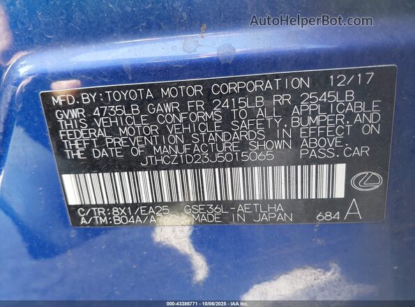 JTHCZ1D23J5015065 2018 LEXUS IS 350 Blue Engine compartment view