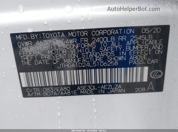JTHGA1D24L5106258 2020 LEXUS IS 300 White 