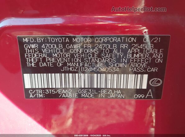 JTHGZ1B24M5040534 2021 LEXUS IS 350 Red Widok komory silnika