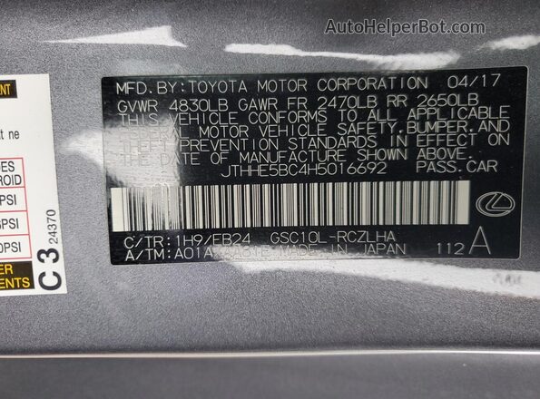 JTHHE5BC4H5016692 2017 LEXUS RC Gray 