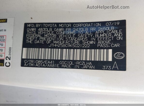 JTHHZ5BC9K5021222 2019 LEXUS RC 350 White Vista del compartimento del motor