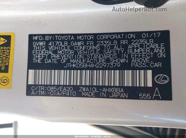 JTHKD5BH4H2297379 2017 LEXUS CT 200H White 