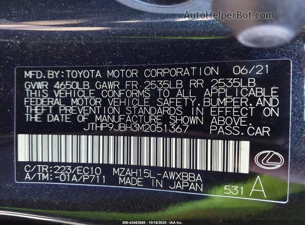 JTHP9JBH3M2051367 2021 LEXUS UX 250H Black Вид підкапотного простору